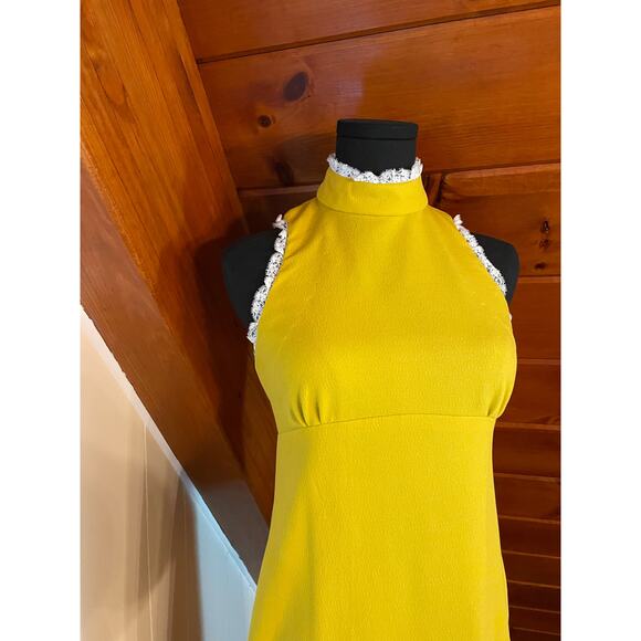 Vintage 70s Bright Yellow Lace Trim Keyhole Empire Waist Maxi Dress - Picture 2 of 7